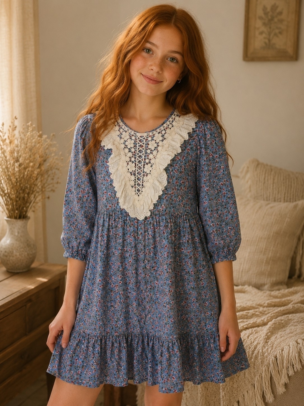 Zara Girls Blue Floral Lace Trim Prairie Dress Size 13-14 Cottagecore Boho